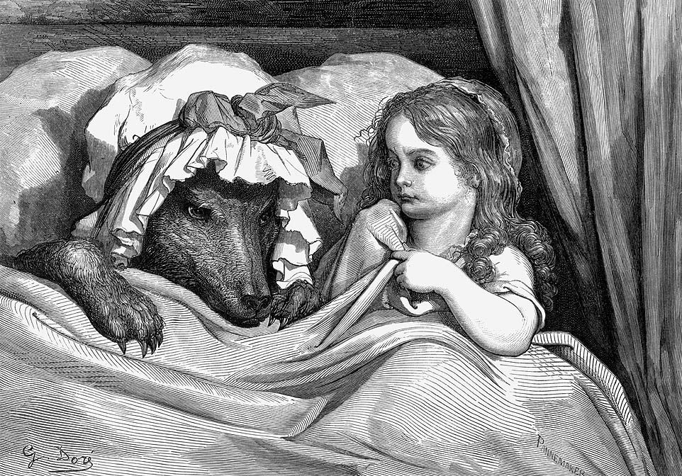 GustaveDore_She_was_astonished_to_see_how_her_grandmother_looked le petit chaperon rouge