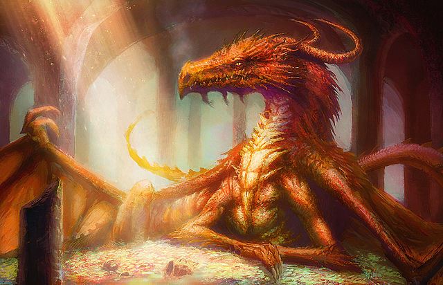 Illustration du dragon Smaug, allongé sur son trésor, par David Demaret