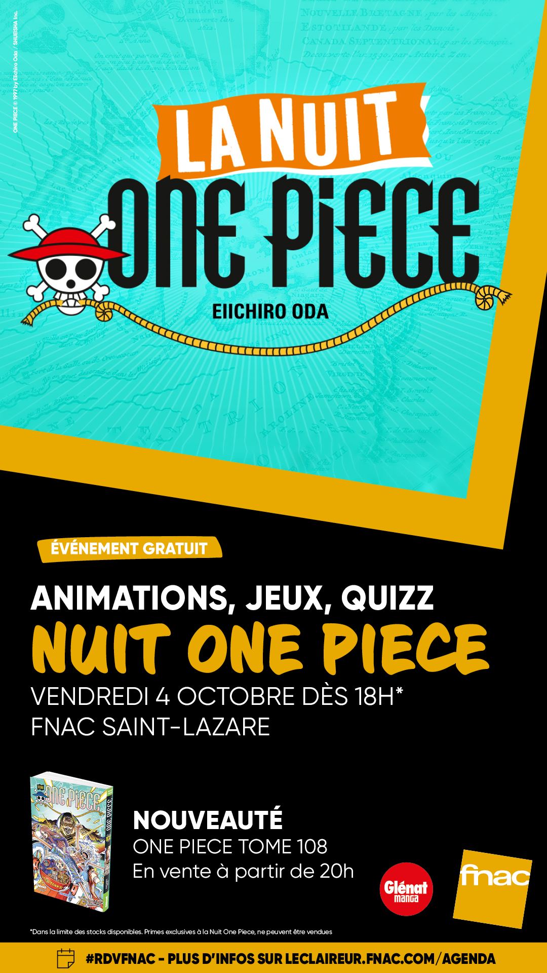 Venez célébrer la sortie du Tome 108 de One Piece à la Fnac Saint-Lazare !!