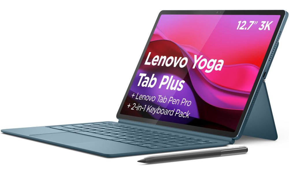 01-Yoga Tab Plus with pen and keyboard - tidal teal