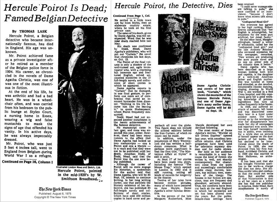 Hercule Poirot Obit, New York Times, August 6, 1975