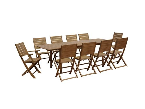 Salle à manger de jardin pliante en acacia: une table extensible L180/240cm + 2 fauteuils + 8 chaises - Rallonge papillon - NEMBY de MYLIA