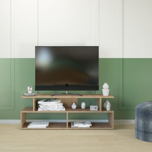 HOMEMANIA Meuble TV Robbie - avec Compartiments - pour Salon - en Bois Naturel, 120 x 40 x 42 cm