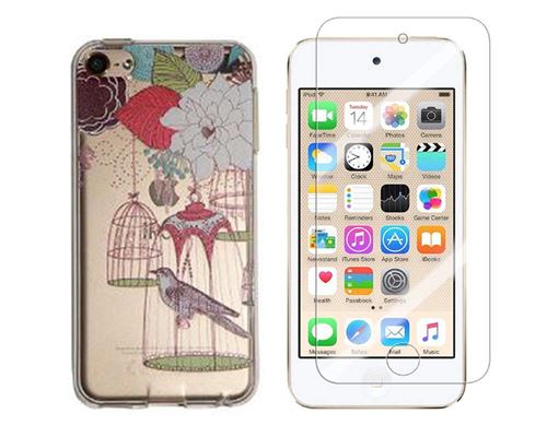 Novago Compatible avec iPod Touch 5, Touch 6 Coque Gel imprimée Solide résistante +1 Verre en Verre trempé Transparent résistant (Oiseau)