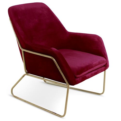 PARIS PRIX Fauteuil Claudio Velours Rouge pieds M&eacute;tal Or - Rouge