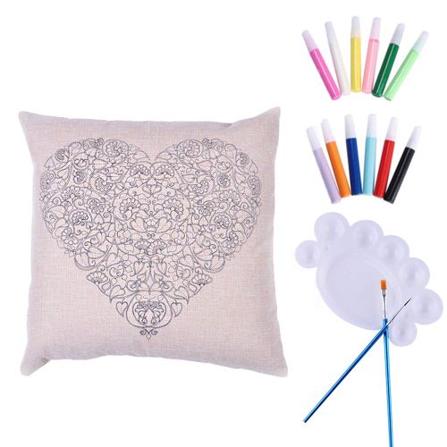 Housse Coussin / taie d’Oreiller en Tissu à colorier et à Personnaliser ( Pinceaux et peinture fournis ) - COEUR