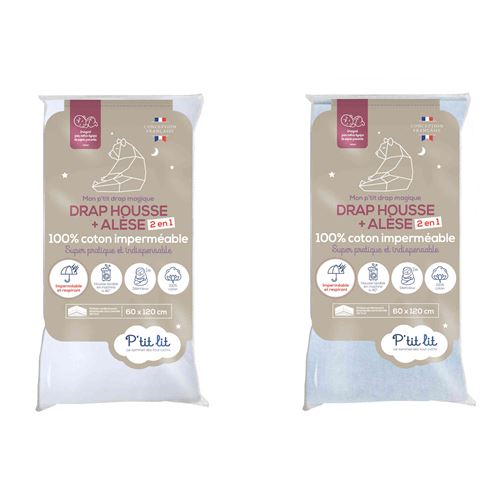 Lot de 2 draps housses bébé alèses 2 en 1 coton imperméable blanc et gris 60x120 cm
