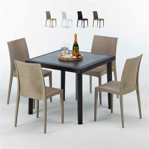 Table Carrée Noire 90x90cm Avec 4 Chaises Colorées Grand Soleil Set Extérieur Bar Café BISTROT PASSION, Couleur: Beige