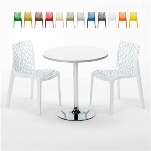 Table Ronde Blanche 70x70cm Avec 2 Chaises Colorées Grand Soleil Set Intérieur Bar Café Gruvyer LONG Island, Couleur: Blanc