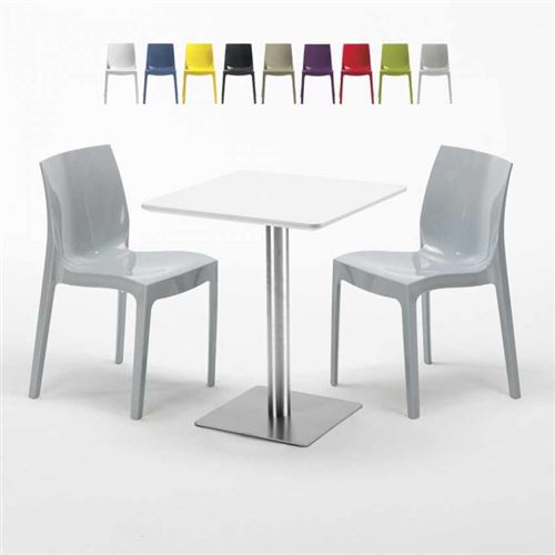 Table carrée 60x60 plateau blanc avec 2 chaises colorées Ice Hazelnut, Couleur: Gris