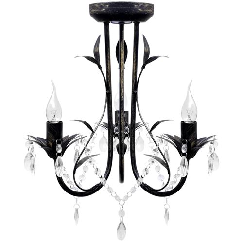 Kroonluchter art nouveau metaal kristallen kralen 3 gloeilampen zwart