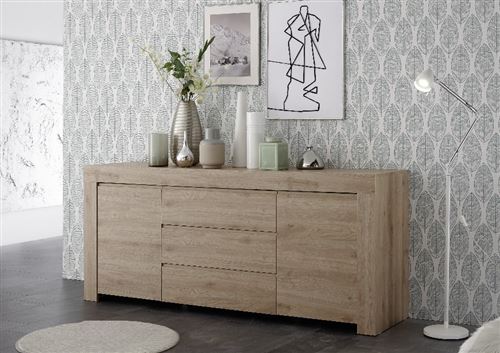 SUBLEEM Buffet 2 portes 3 tiroirs en bois Giarre chene noyer clair