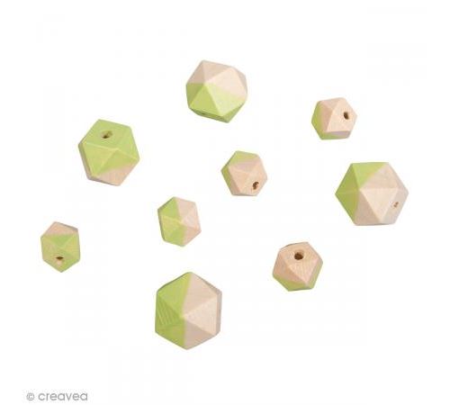 Perles en bois - Diamant bicolore Vert mai - 2 tailles - 12 pcs
