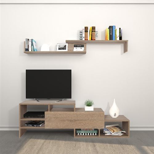 HOMEMANIA Meuble TV Fenice - avec des étagères - du salon - Sonoma en Bois, 150 x 27 x 45 cm