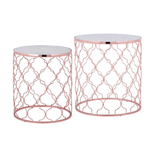 Womo-design set de 2 tables d'appoint blanc, &oslash; 40/45 cm, m&eacute;tal et marbre 390002517