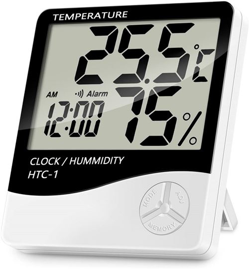 Thermomètre Hygromètre Intérieur Numérique Digital Température Humidité Horloge HTC-1 Blanc