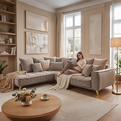 Canap&eacute; Velours Angle Gauche Beige Altamo - 4 Places