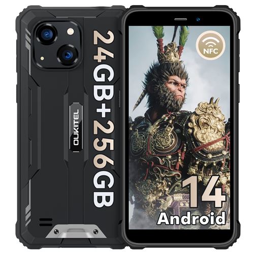 OUKITEL WP32 Pro Telephone Portable Incassable Android 14, 24(6+18) Go RAM+256Go ROM/1To Smartphone Incassable, 6.0” HD Dsiplay Telephone De Chantier, 20MP, 6300mAh Batterie, IP68/4G Dual SIM/NFC/OTG,noir