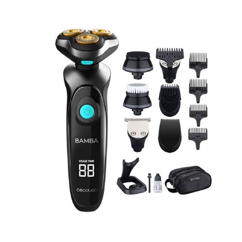 Cecotec Afeitadora Multigrooming Bamba PrecisionCare TwistGroom 10in1, Base de carga, Batería de Litio, Cuchillas de Acero Inox con Recubrimiento de Titanio, Pantalla Digital y Waterproof, Color Gris