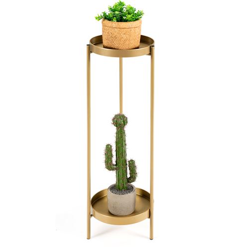Colonne à plantes giantex doré en métal supports de pots de fleurs avec 2 tablettes amovibles pour pot 25cm charge 15kg maison jardin