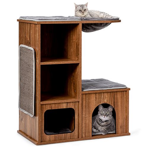 arbre à chat giantex avec 3 etagères en bois avec griffoirs et coussins,niche, centre d'activités charge 20kg, pour chat chaton