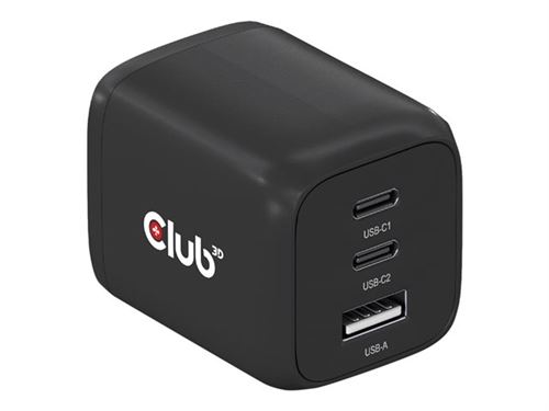 Club 3D CAC-1913 - Adaptateur secteur - technologie GaN, triple port - 65 watt - 5 A - PD 3.0, PD/PPS - 3 connecteurs de sortie (USB type A, 2 x USB-C) - sur le câble : USB-C - Europe