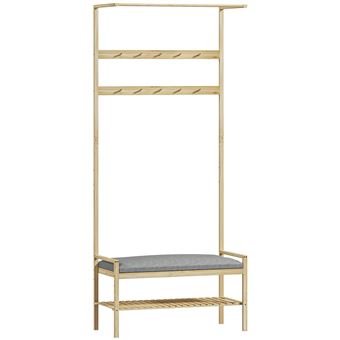 Porte-manteau avec étagère à chaussures en bambou, meuble d'entrée, portemanteau 10 patères tringle vêtement, coussin étagère - 1