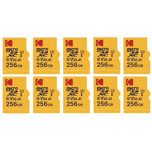 Kodak Pack de 10 Cartes Memoire Micro SD 256 Go – Classe 10 – Haute Performance avec Adaptateurs pour Smartphones, Cameras, Tablettes et Consoles