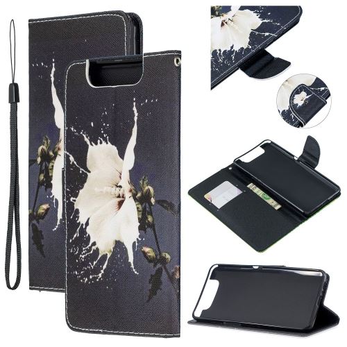 Etui en PU impression de modèle fleur blanche pour votre Samsung Galaxy A80/A90