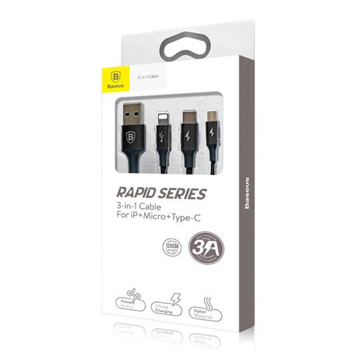 Câble Baseus 3 en 1 Noir Lightning Micro USB et Type C