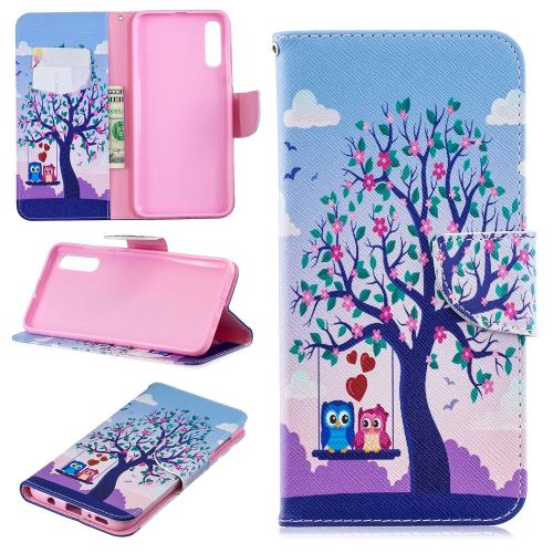 Etui en PU support motif imprimé arbre et hiboux pour votre Samsung Galaxy A70