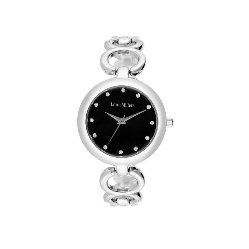 Montre Femme Louis Villiers Cadran 33mm En brass dial with white & black enameled Noir Et Bracelet Argenté En Metal AL0583-04