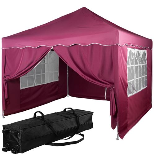 Structure de tonnelle pliante + 4 panneaux, 3x3 m acier > couleur rouge, avec sac de transport à roulettes - INSTENT