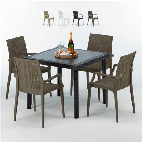 Table Carrée Noire 90x90cm Avec 4 Chaises Colorées Grand Soleil Set Extérieur Bar Café ARM BISTROT PASSION, Couleur: Marron
