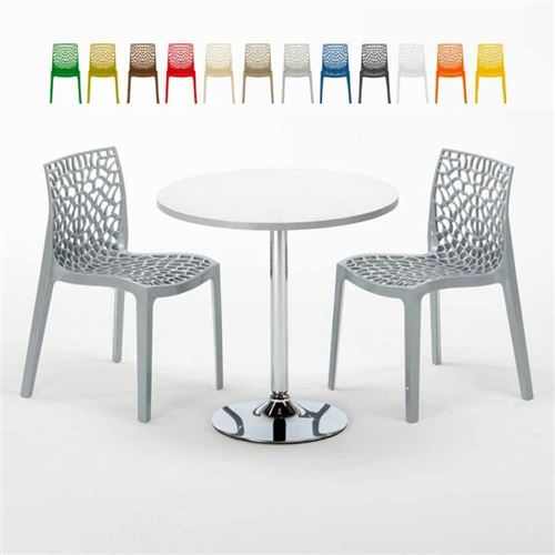 Table Ronde Blanche 70x70cm Avec 2 Chaises Colorées Grand Soleil Set Intérieur Bar Café Gruvyer LONG Island, Couleur: Gris