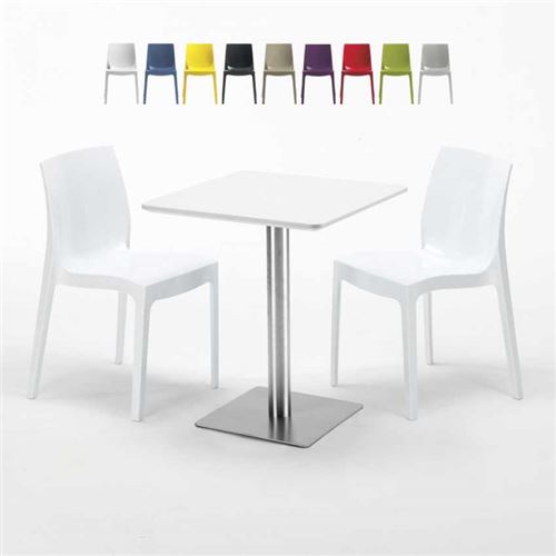 Table carrée 60x60 plateau blanc avec 2 chaises colorées Ice Hazelnut, Couleur: Blanc