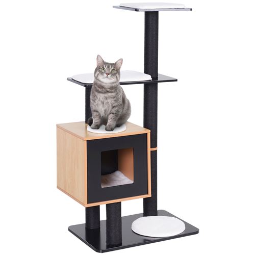 Árbol para gatos PawHut de diseño contemporáneo con rascadores de sisal y centro de actividades natural. Estante para pelotas de juego, colgante, 71.5L x 49.5L x 120H cm, MDF negro, Heech