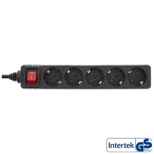 Bande d'alimentation InLine® type F allemande 5 ports avec interrupteur + sécurité enfants noir 1,5 m