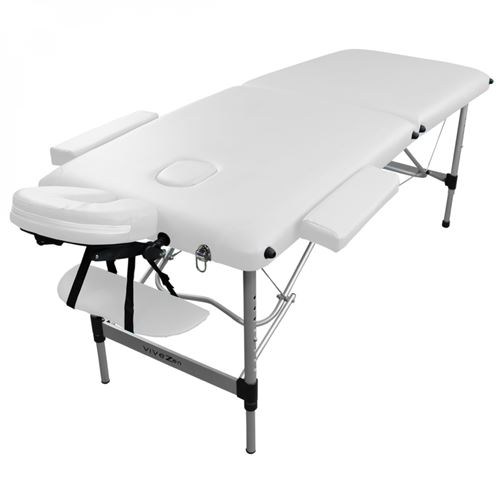 Vivezen Blanc Table De Massage Pliante 2 Zones En Aluminium + Accessoires Et Housse De Transport