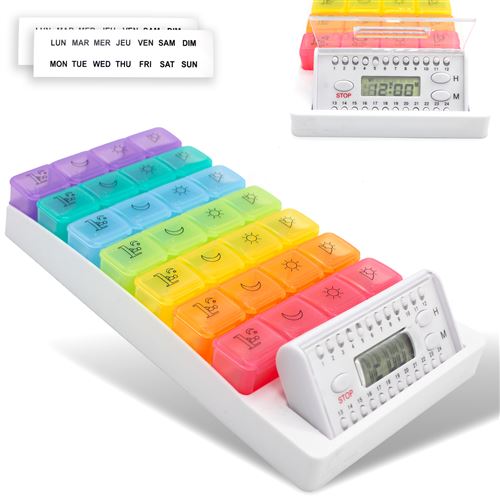 Pilulier Semainier Multicouleurs Digital - Organisation Simple et Visuelle - 7 Jours 28 Compartiments - avec Alarme de Rappel
