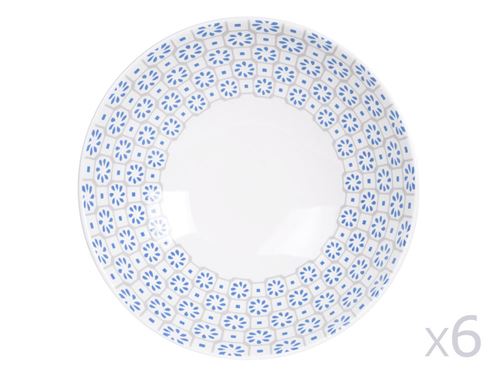 Assiette creuse en grès motif ethnique D19cm bleu et gris - Lot de 6 SINTRA