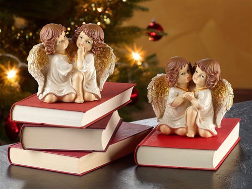 2 duos d'anges de Noël décoratifs - 14 cm