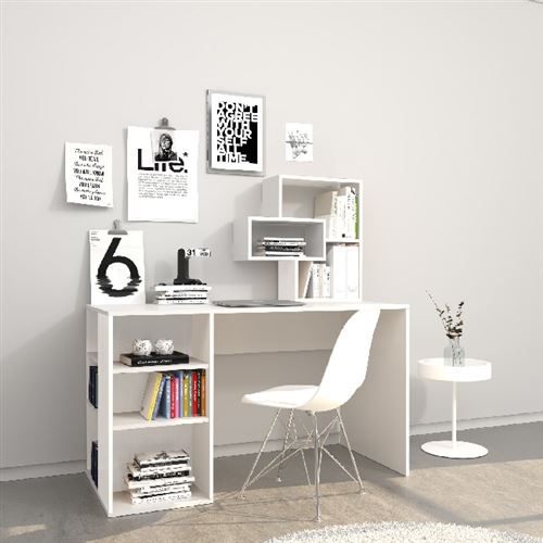 HOMEMANIA Bureau Ermes - avec bibliothèque intégrée, étagères - chambre à coucher - Blanc en Bois, 130 x 60 x 75 cm