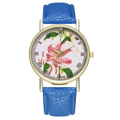 Regarder la fleur féminine montre bracelet en cuir dames regardent la tendance des hommes montre à quartz horloge à quartz gros T132-ABleu foncé