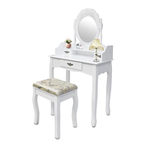 Todeco - Kaptafel, Make-up tafel, 3 laden, ovale spiegel met lijstwerk, Wit, Materiaal: MDF, Paulownia hout