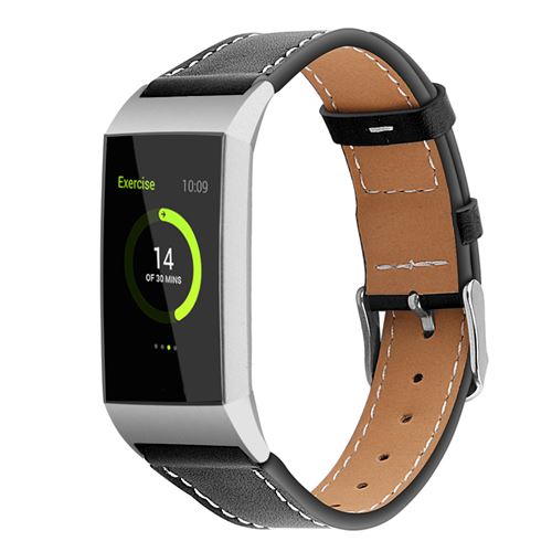 Bracelet en cuir durable pour Fitbit Charge3 / Charge4 - Noir (Taille S)