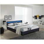 Lit 160x200 Solide et Confortable avec Sommier et Tête de Lit Éclairage LED - Pieds de 10 cm pour Matelas - 13 Lattes - Revêtement PVC Simili Facile d'Entretien - Montage Rapide et Facile - LIT ANGEL NOIR