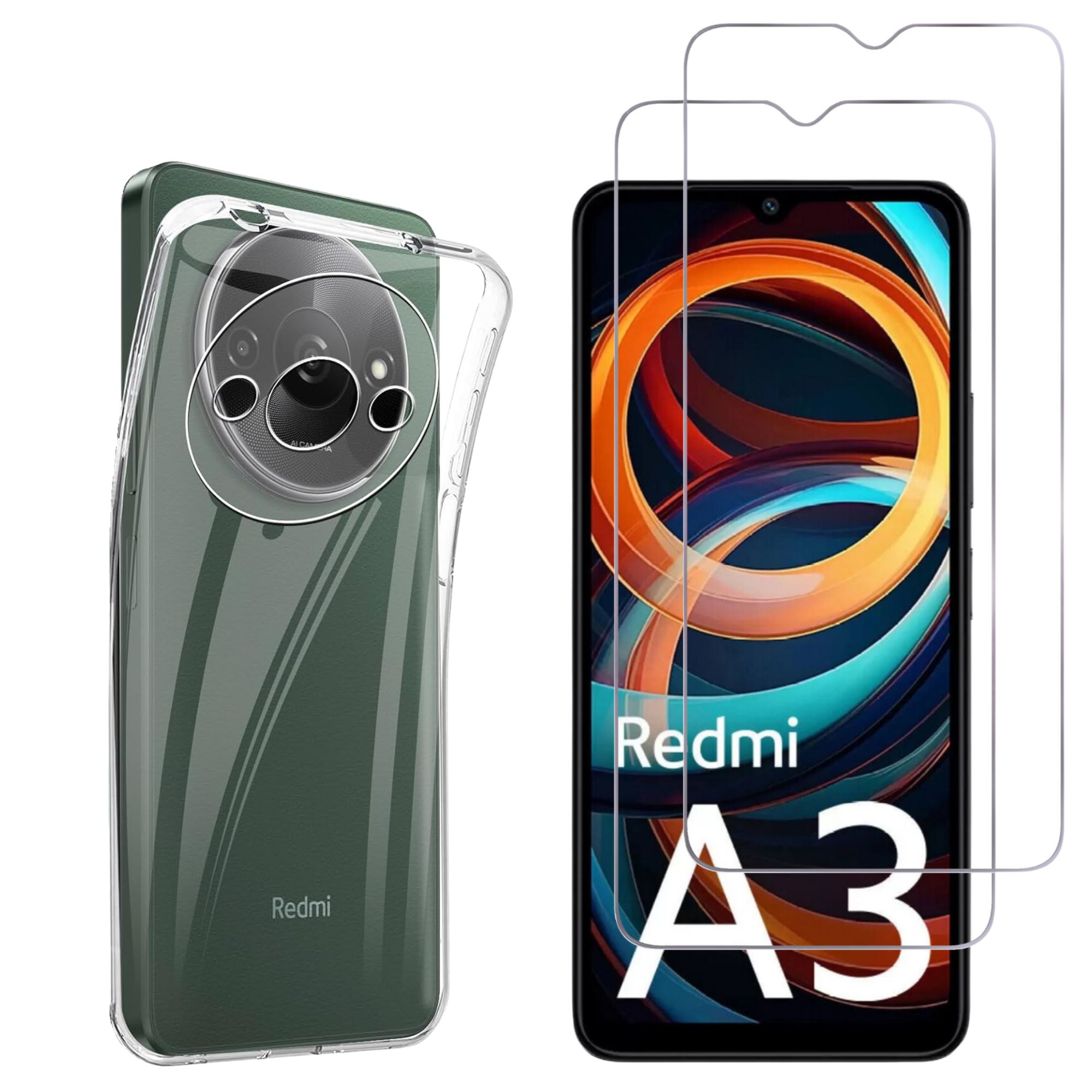 Pack Protection Mayaxess Pour Xiaomi Redmi A3 - Coque Souple Silicone + Verre Trempé 9H - Transparent