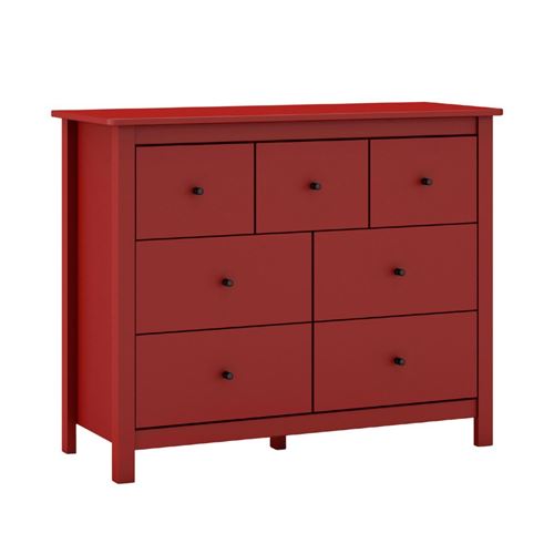 Commode 7 tiroirs en pin massif laqu&eacute; rouge bordeaux - MYSIA -