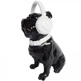 Statue Bouledogue Français Assis 30 Cm - Résine Blanc Avec Casque Audio - Déco